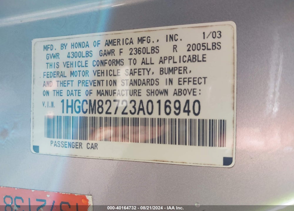 2003 HONDA ACCORD 3.0 EX VIN: 1HGCM82723A016940