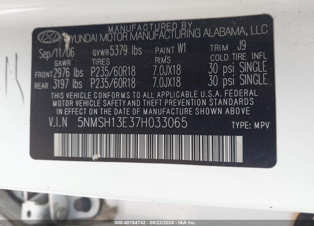 2007 HYUNDAI SANTA FE LIMITED/SE VIN: 5NMSH13E37H033065