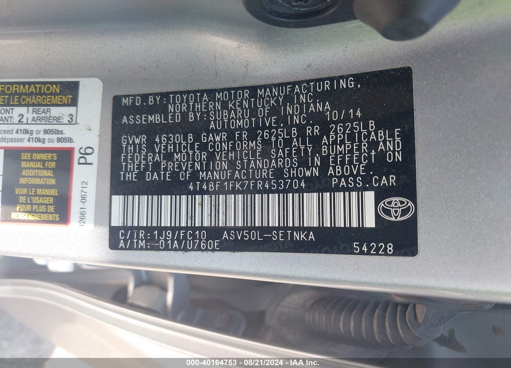 2015 TOYOTA CAMRY LE VIN: 4T4BF1FK7FR453704