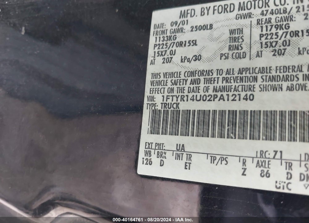 2002 FORD RANGER EDGE/TREMOR/XL/XLT VIN: 1FTYR14U02PA12140