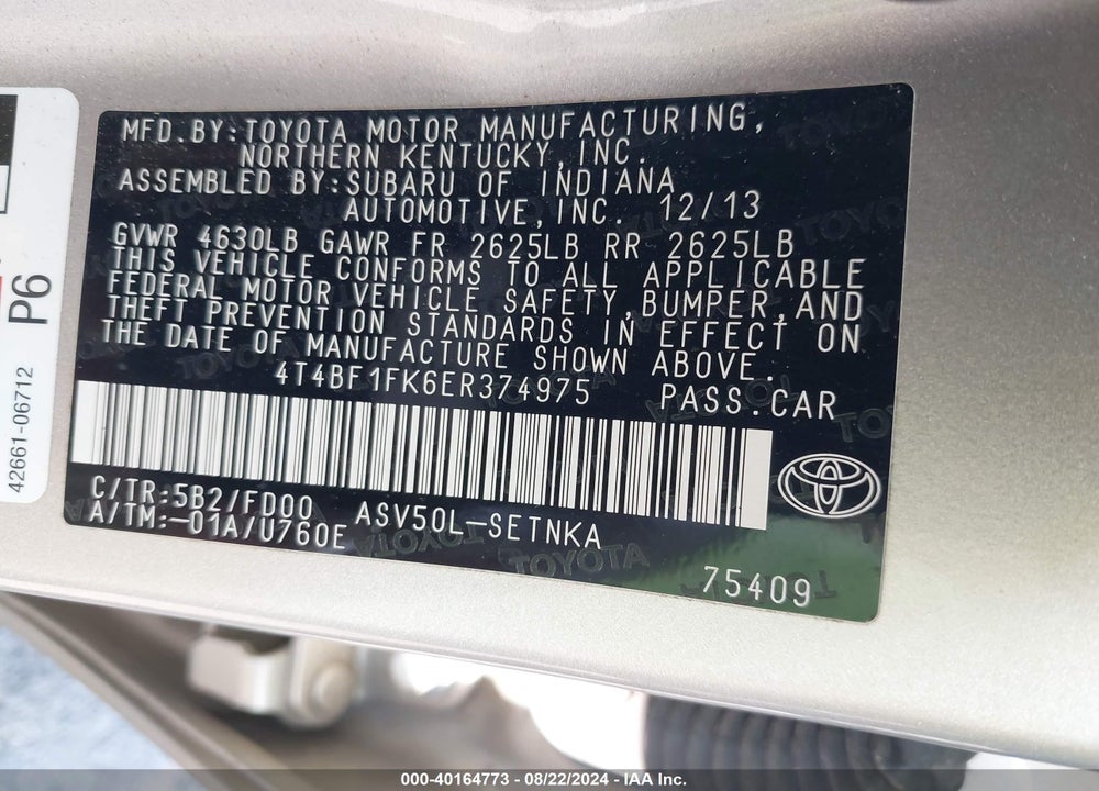 2014 TOYOTA CAMRY LE VIN: 4T4BF1FK6ER374975