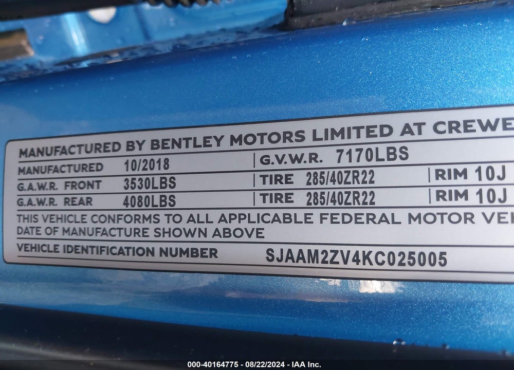 2019 BENTLEY BENTAYGA V8 VIN: SJAAM2ZV4KC025005