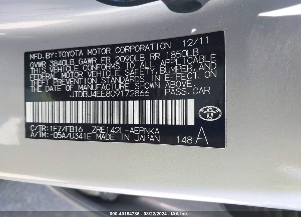 2012 TOYOTA COROLLA LE VIN: JTDBU4EE8C9172866
