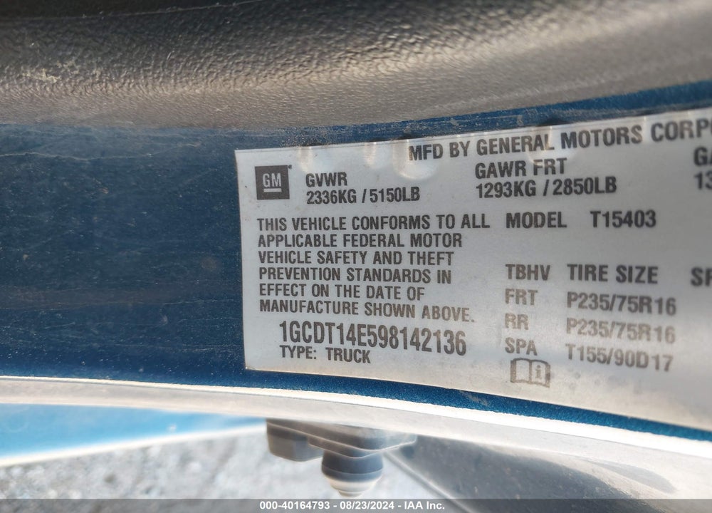 2009 CHEVROLET COLORADO LT VIN: 1GCDT14E598142136