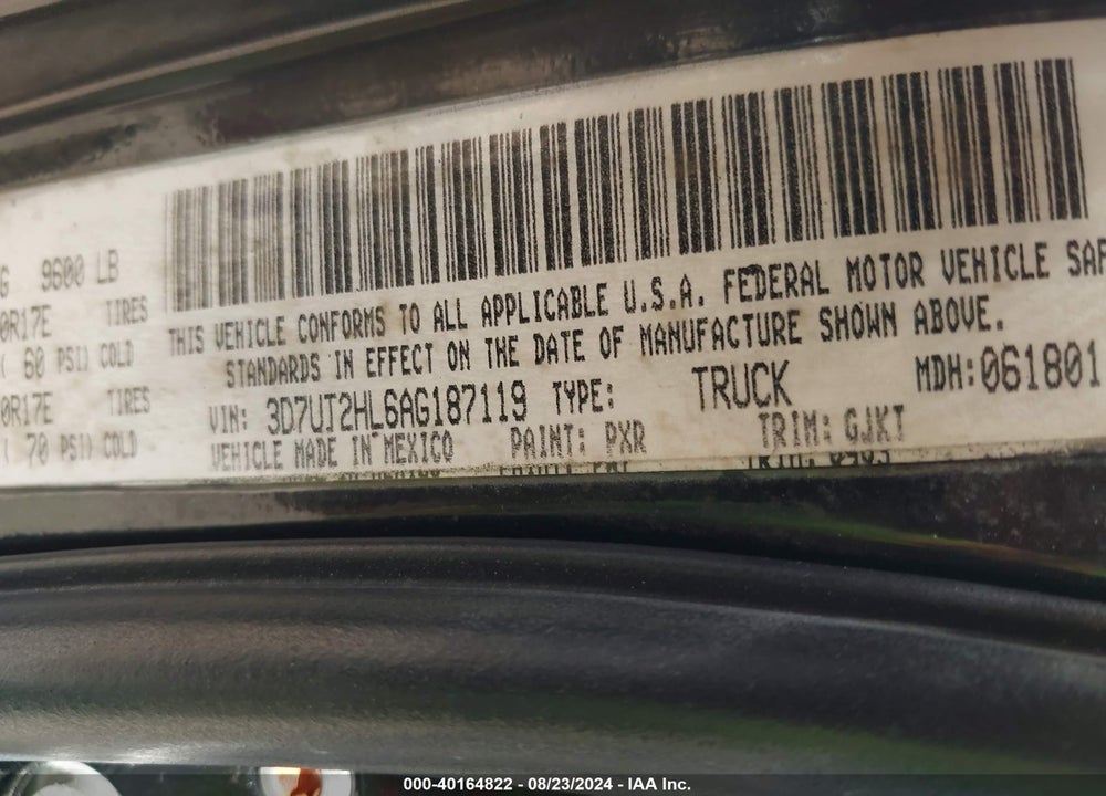 2010 DODGE RAM 2500 LARAMIE VIN: 3D7UT2HL6AG187119