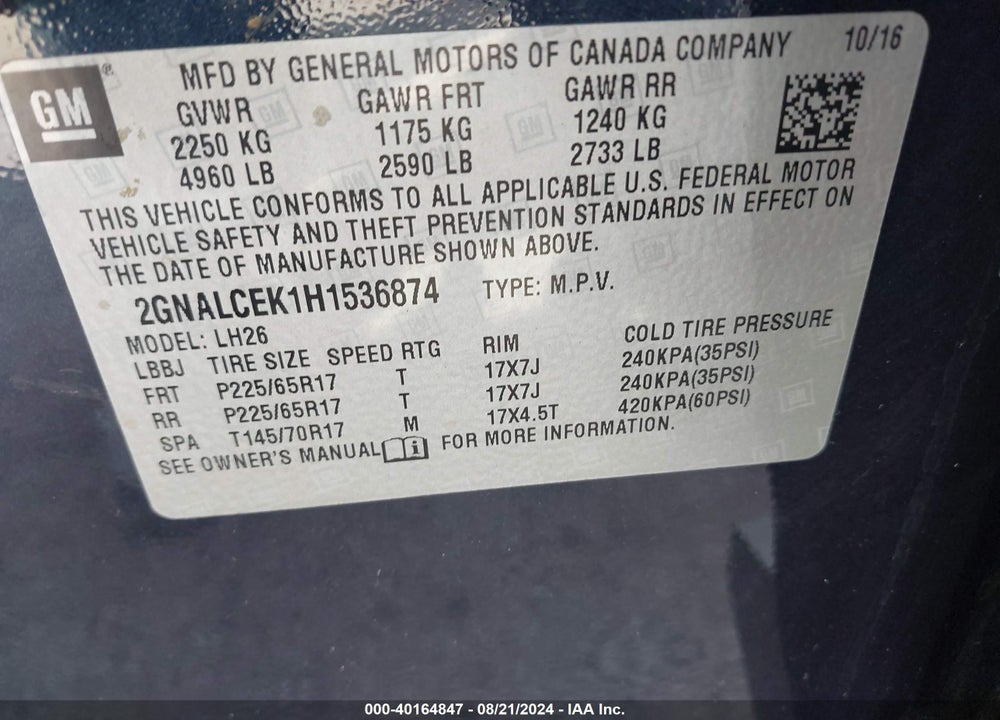 2017 CHEVROLET EQUINOX LT VIN: 2GNALCEK1H1536874