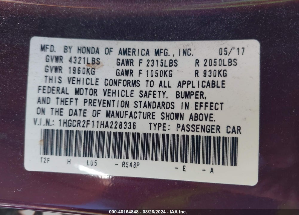 2017 HONDA ACCORD SPORT SE VIN: 1HGCR2F11HA228336
