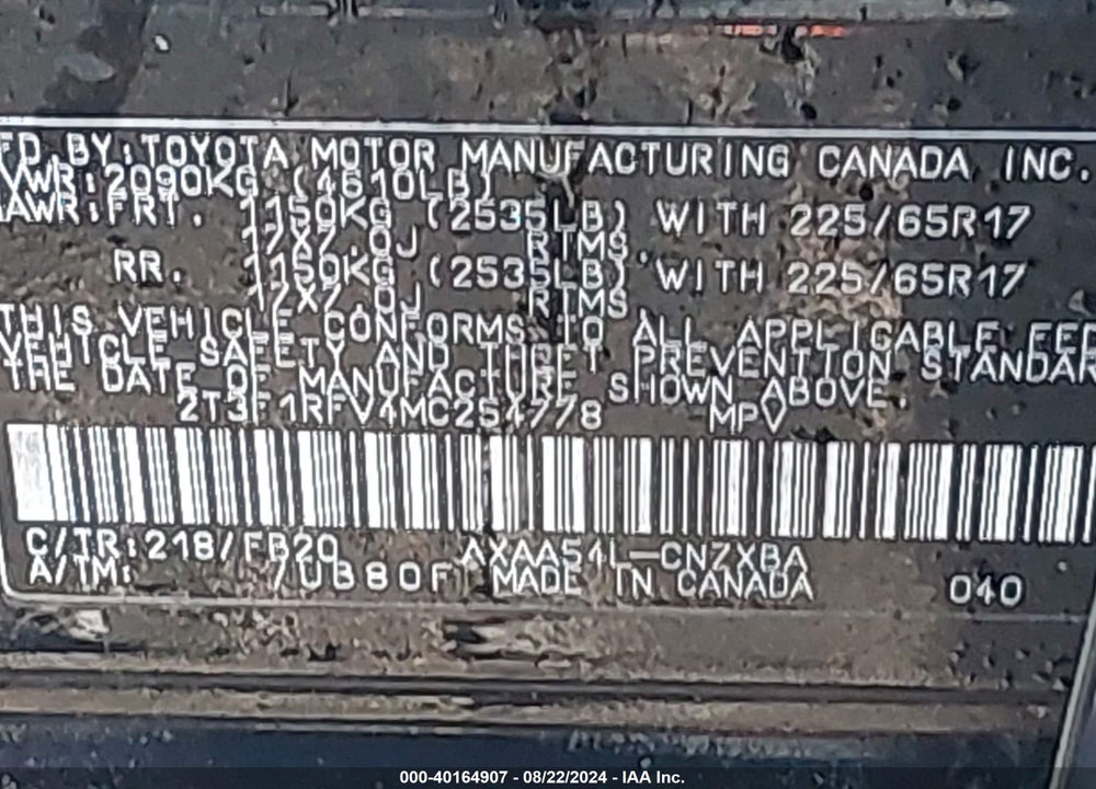 2021 TOYOTA RAV4 VIN: 2T3F1RFV4MC254778