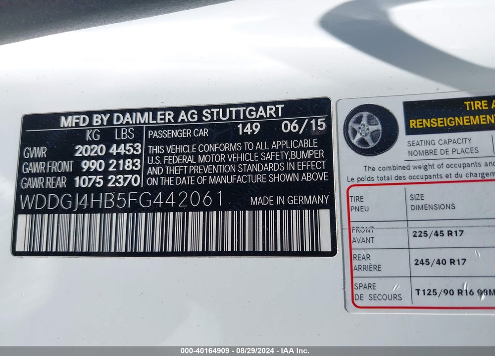 2015 MERCEDES-BENZ C 250 VIN: WDDGJ4HB5FG442061