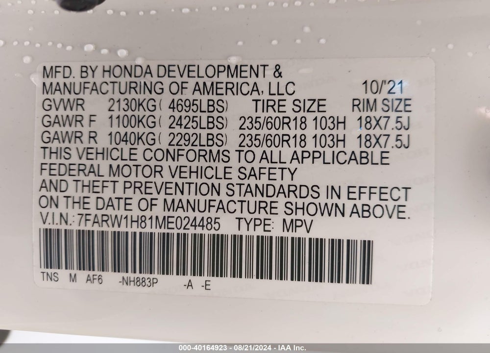 2021 HONDA CR-V 2WD EX-L VIN: 7FARW1H81ME024485