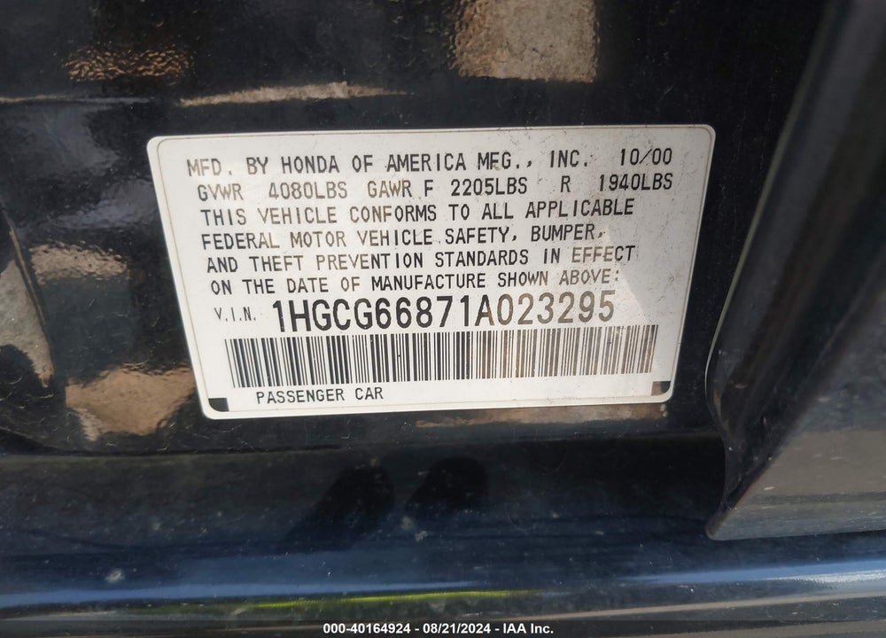 2001 HONDA ACCORD 2.3 EX VIN: 1HGCG66871A023295