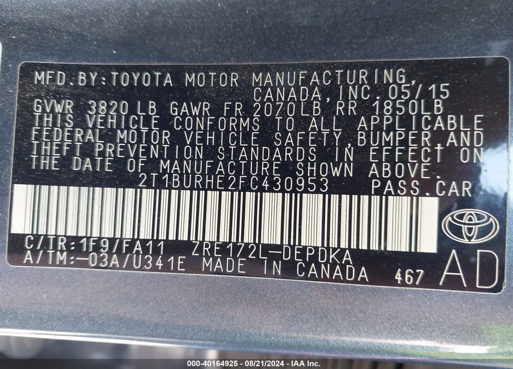 2015 TOYOTA COROLLA L VIN: 2T1BURHE2FC430953