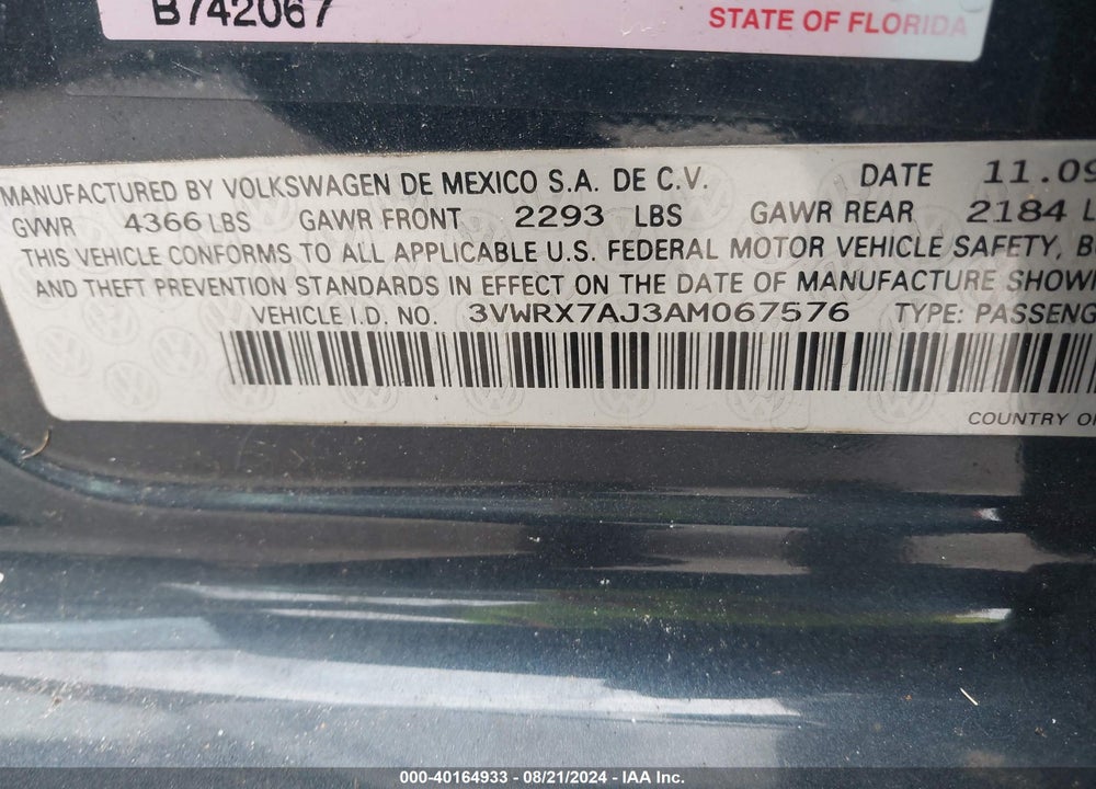 2010 VOLKSWAGEN JETTA SE VIN: 3VWRX7AJ3AM067576