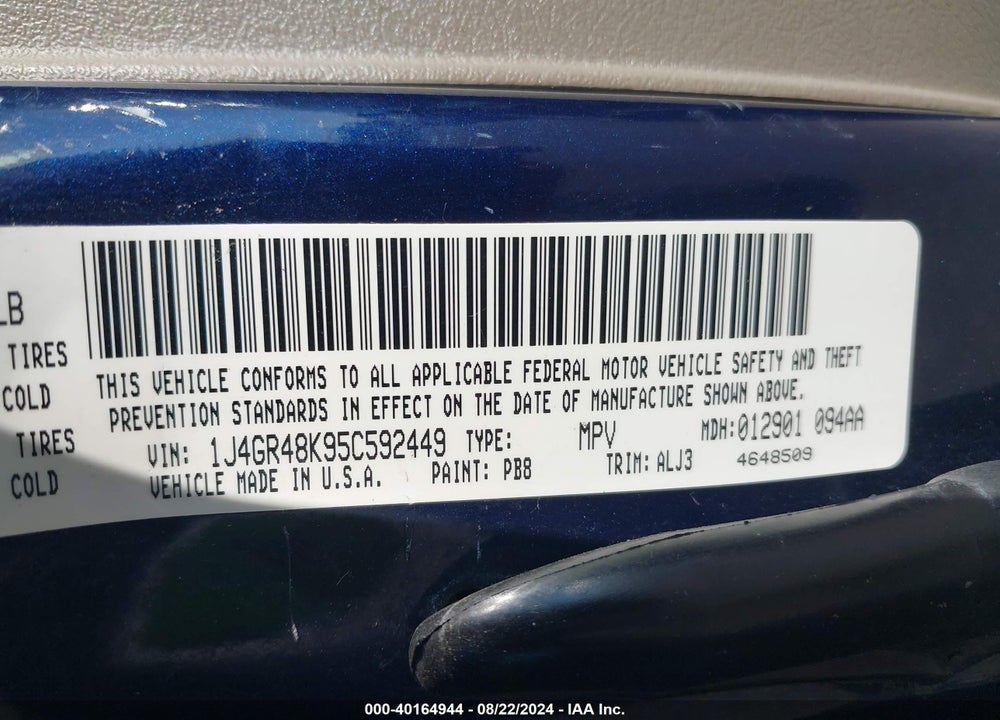 2005 JEEP GRAND CHEROKEE LAREDO VIN: 1J4GR48K95C592449
