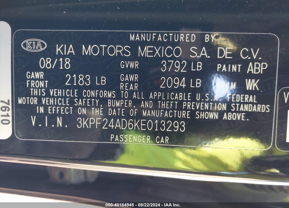 2019 KIA FORTE LXS VIN: 3KPF24AD6KE013293