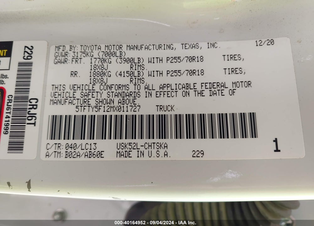 2021 TOYOTA TUNDRA SR VIN: 5TFTY5F12MX011727