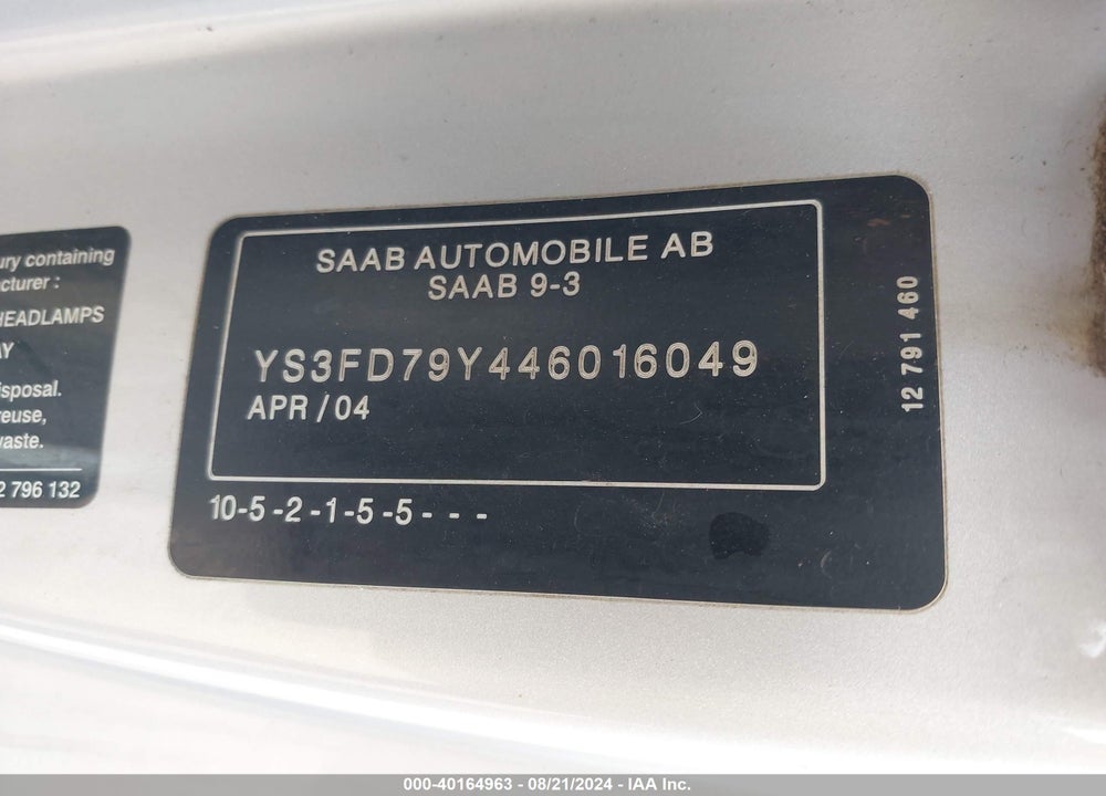 2004 SAAB 9-3 ARC VIN: YS3FD79Y446016049