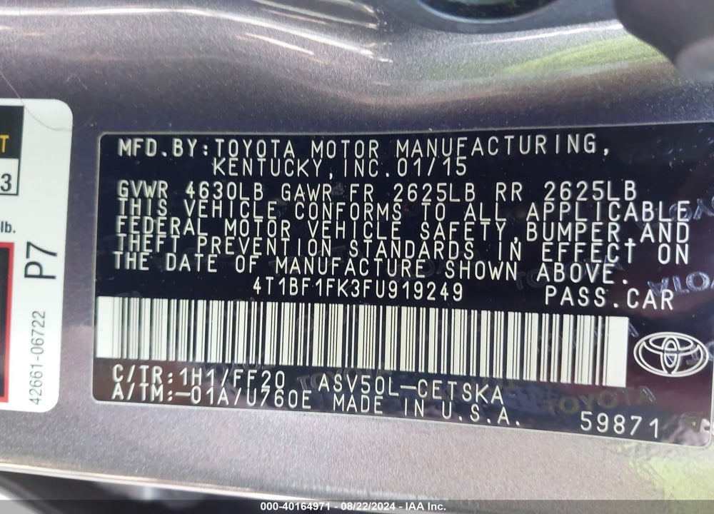 2015 TOYOTA CAMRY SE VIN: 4T1BF1FK3FU919249