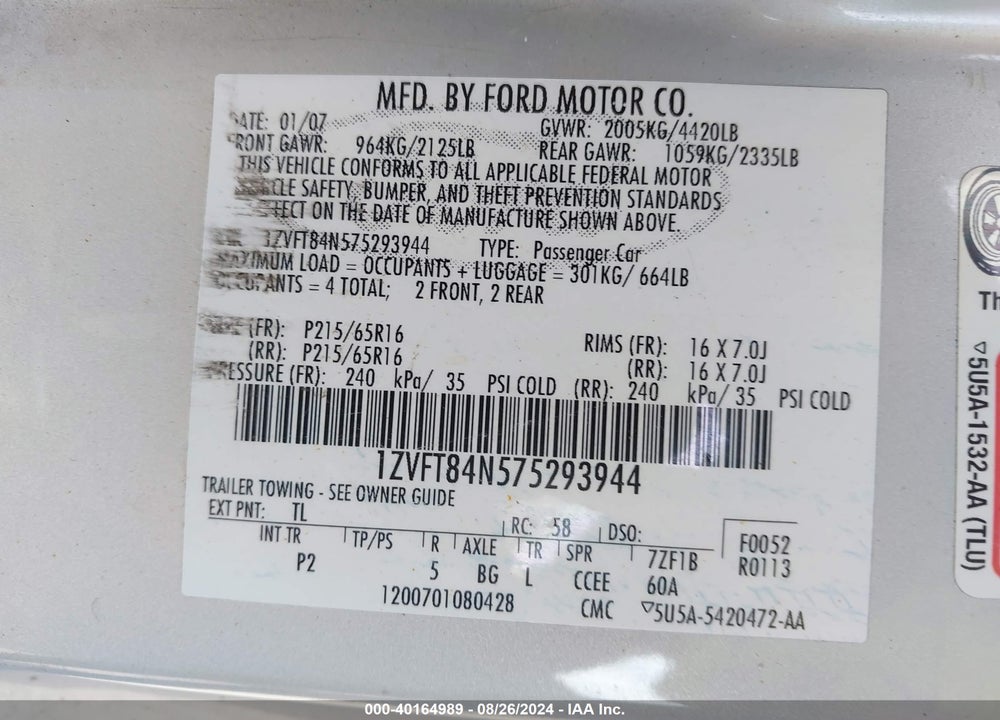 2007 FORD MUSTANG VIN: 1ZVFT84N575293944