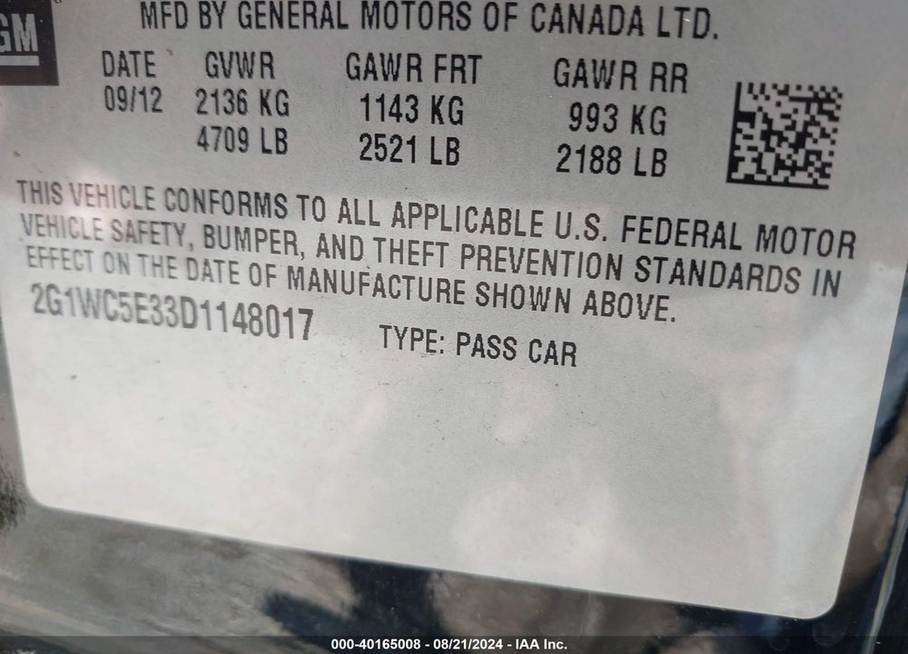 2013 CHEVROLET IMPALA LTZ VIN: 2G1WC5E33D1148017