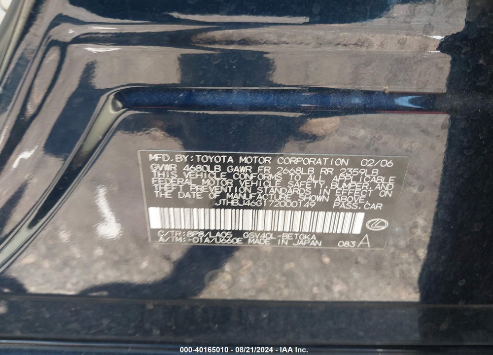 2007 LEXUS ES 350 VIN: JTHBJ46G172000149