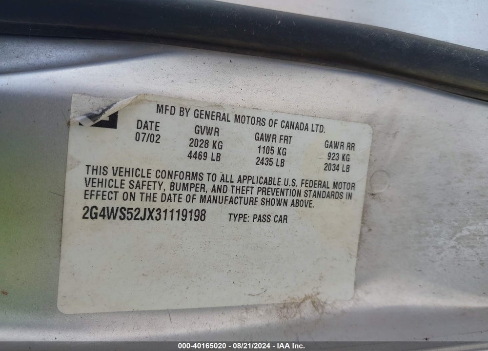 2003 BUICK CENTURY CUSTOM VIN: 2G4WS52JX31119198