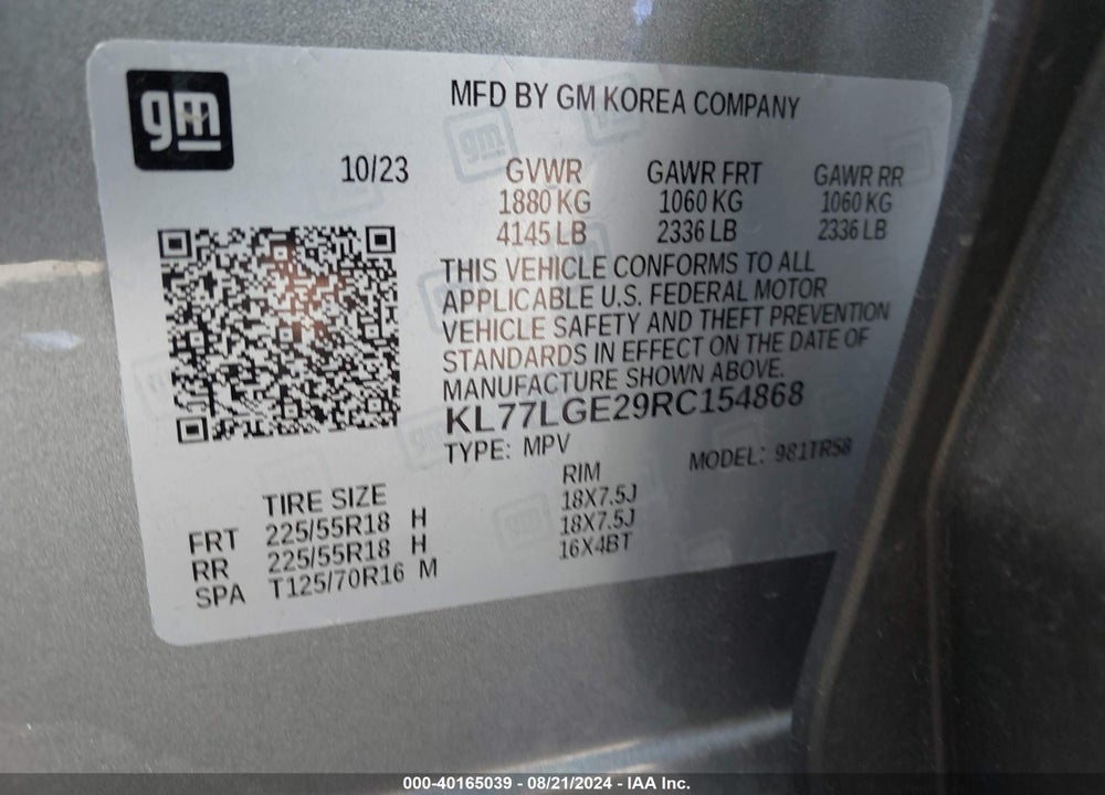 2024 CHEVROLET TRAX FWD 1RS VIN: KL77LGE29RC154868