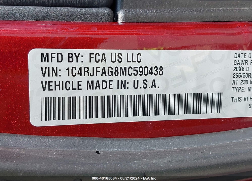 2021 JEEP GRAND CHEROKEE LAREDO X 4X4 VIN: 1C4RJFAG8MC590438