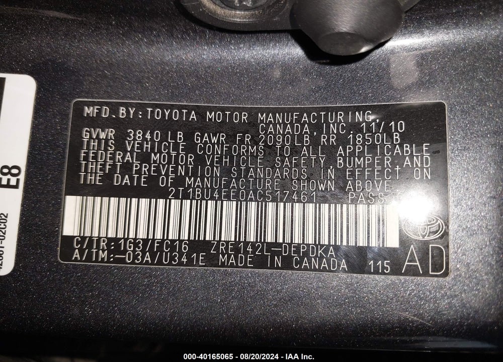 2010 TOYOTA COROLLA LE VIN: 2T1BU4EE0AC517461
