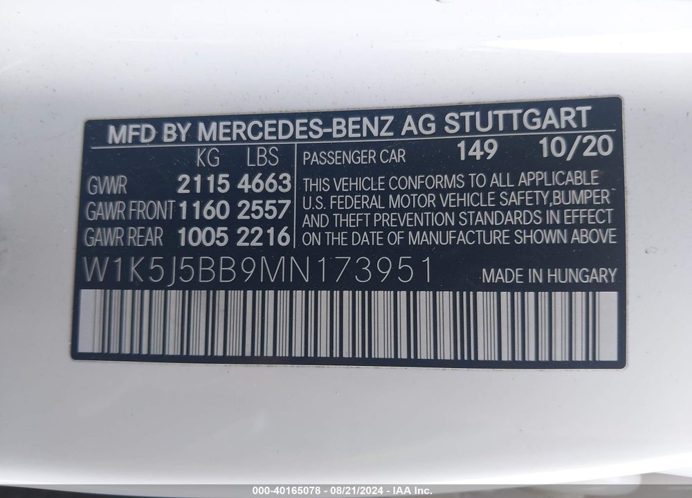 2021 MERCEDES-BENZ AMG CLA 35 4MATIC VIN: W1K5J5BB9MN173951