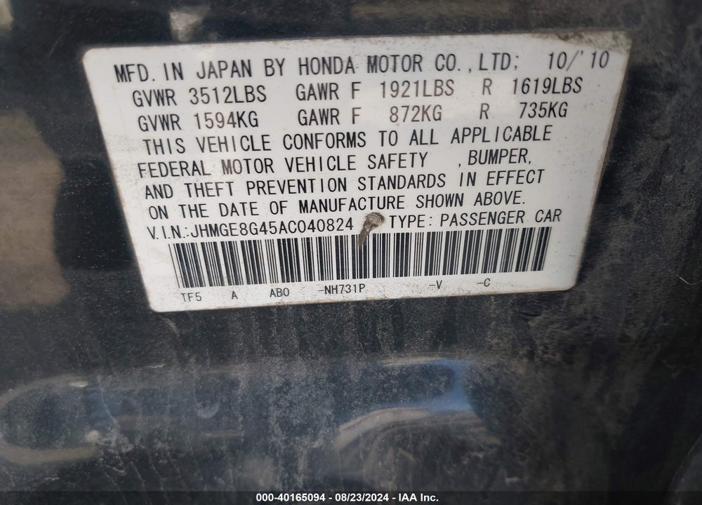 2010 HONDA FIT SPORT VIN: JHMGE8G45AC040824
