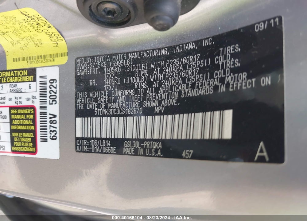 2012 TOYOTA SIENNA LIMITED V6 7 PASSENGER/XLE V6 7 PASSENGER AUTO ACCESS SEAT/XLE V6 8 PASSENGER VIN: 5TDYK3DC3CS182670