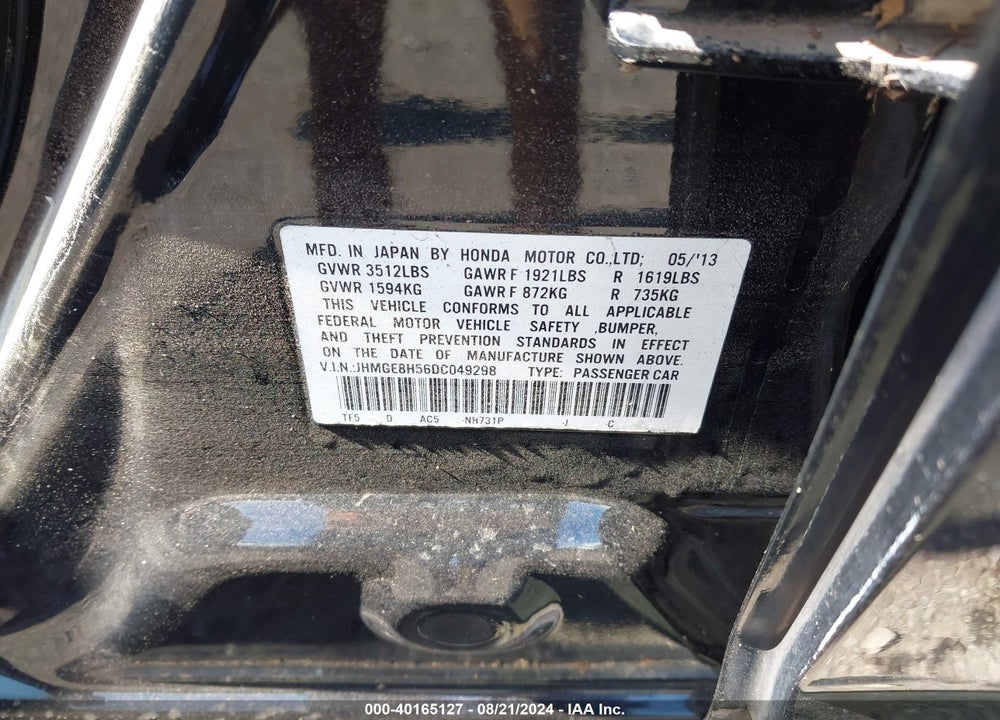 2013 HONDA FIT SPORT VIN: JHMGE8H56DC049298