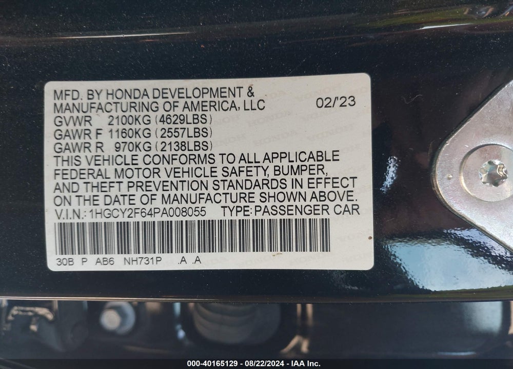 2023 HONDA ACCORD HYBRID EX-L VIN: 1HGCY2F64PA008055