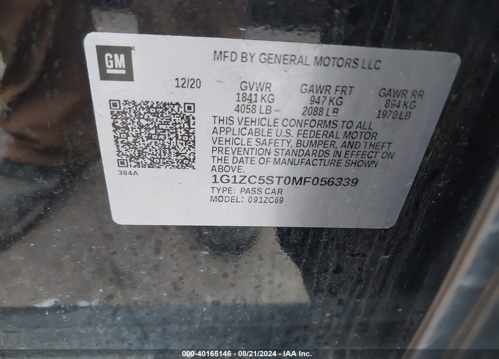 2021 CHEVROLET MALIBU FWD 1FL VIN: 1G1ZC5ST0MF056339