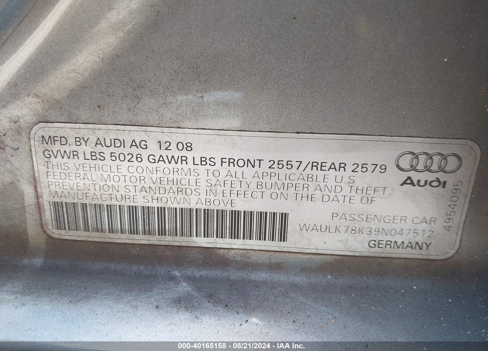 2009 AUDI A4 3.2 PREMIUM PLUS VIN: WAULK78K39N047512