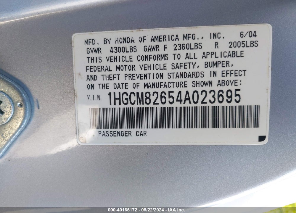 2004 HONDA ACCORD 3.0 EX VIN: 1HGCM82654A023695