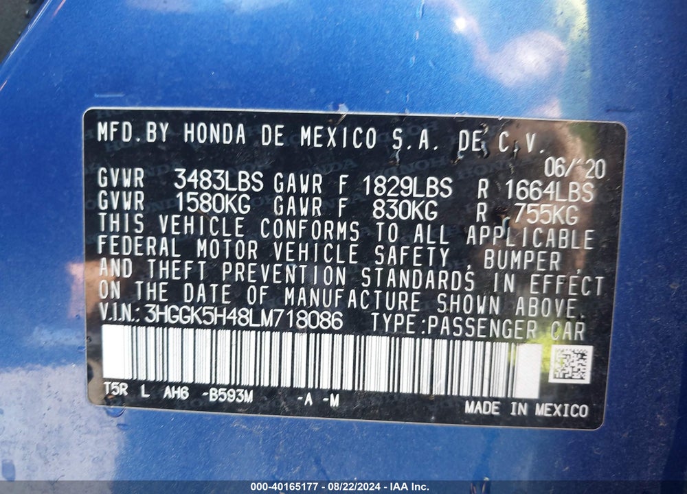 2020 HONDA FIT LX VIN: 3HGGK5H48LM718086