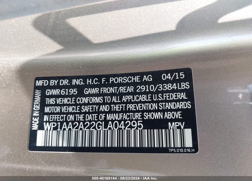 2016 PORSCHE CAYENNE VIN: WP1AA2A22GLA04295