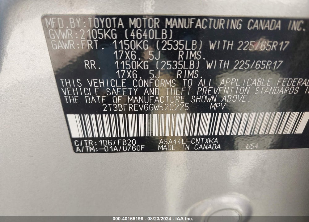 2016 TOYOTA RAV4 LE VIN: 2T3BFREV6GW520225
