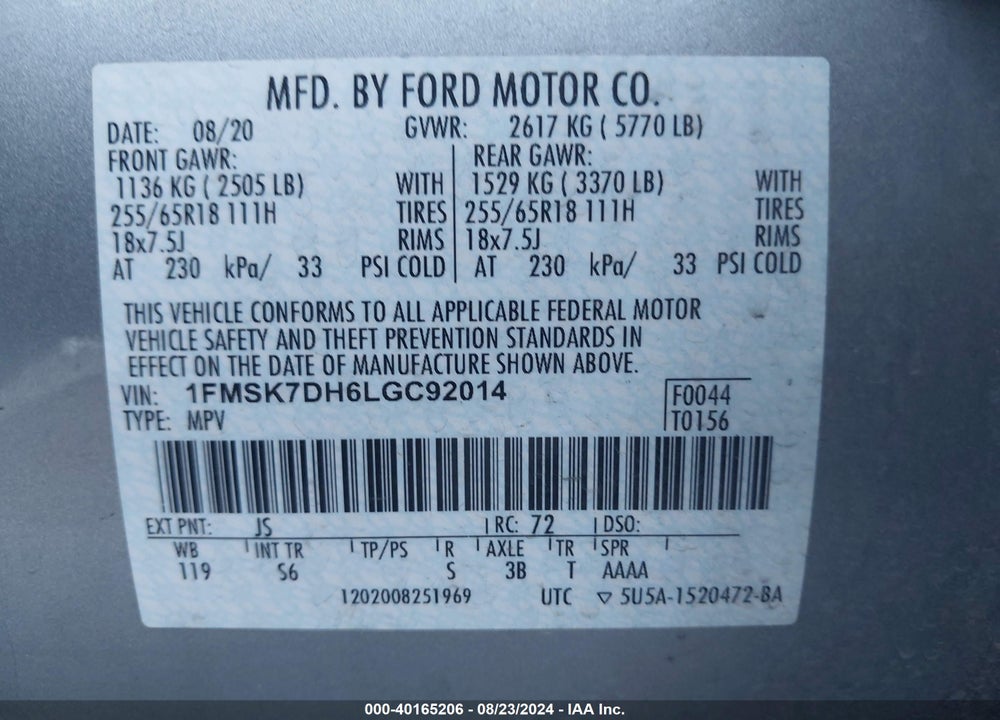 2020 FORD EXPLORER XLT VIN: 1FMSK7DH6LGC92014