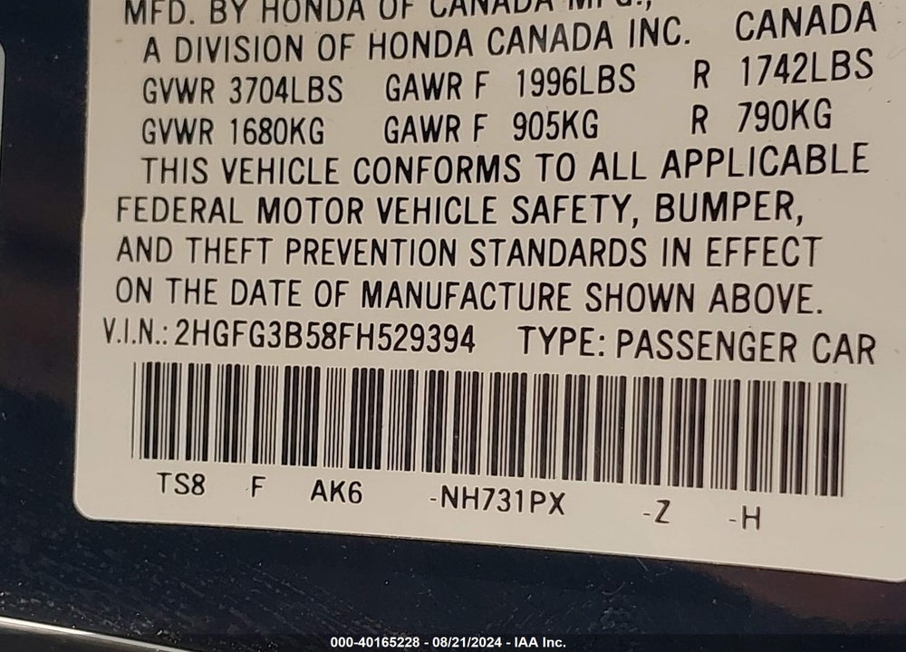 2015 HONDA CIVIC LX VIN: 2HGFG3B58FH529394