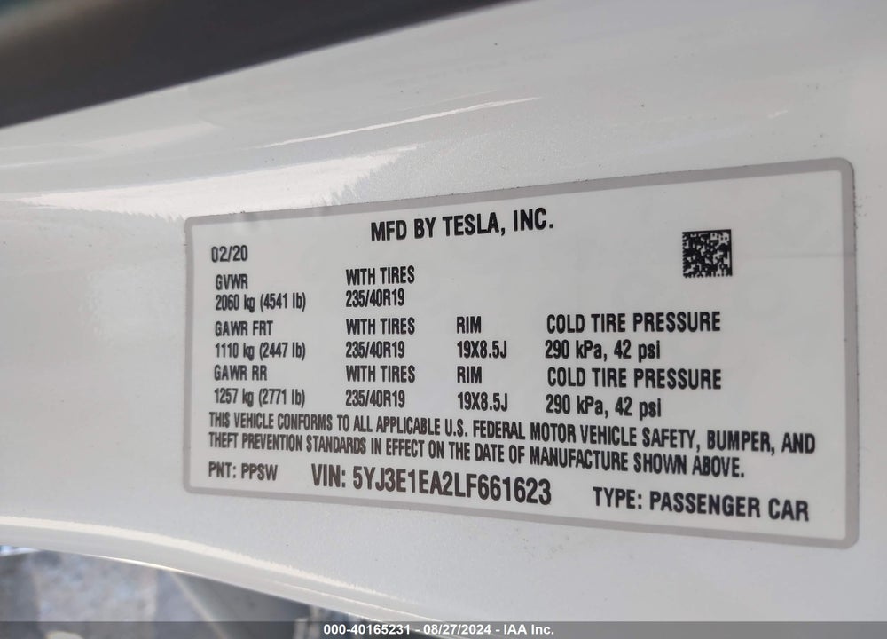 2020 TESLA MODEL 3 STANDARD RANGE PLUS REAR-WHEEL DRIVE/STANDARD RANGE REAR-WHEEL DRIVE VIN: 5YJ3E1EA2LF661623