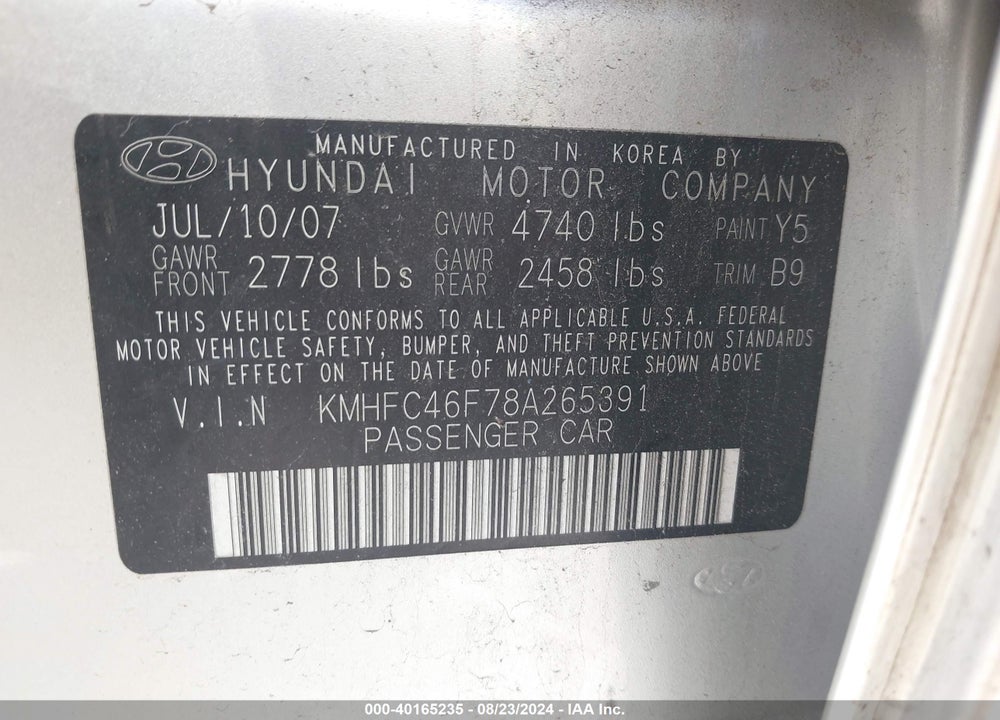 2008 HYUNDAI AZERA LIMITED VIN: KMHFC46F78A265391