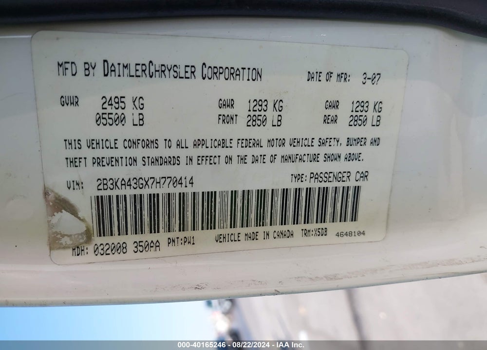 2007 DODGE CHARGER VIN: 2B3KA43GX7H770414