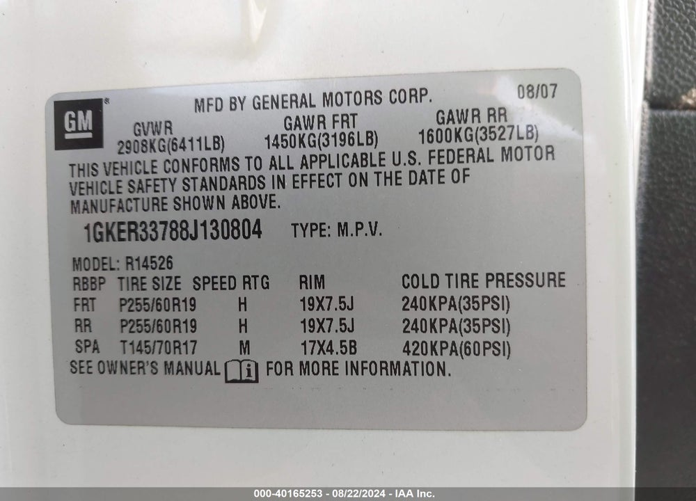 2008 GMC ACADIA SLT-2 VIN: 1GKER33788J130804