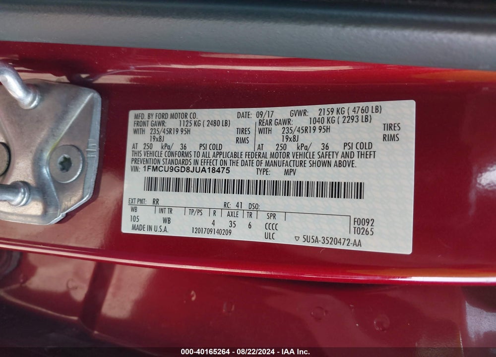 2018 FORD ESCAPE SE VIN: 1FMCU9GD8JUA18475