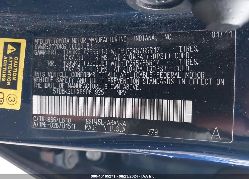 2011 TOYOTA HIGHLANDER SE V6 VIN: 5TDBK3EHXBS061925