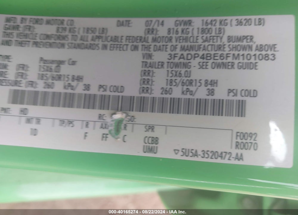 2015 FORD FIESTA SE VIN: 3FADP4BE6FM101083
