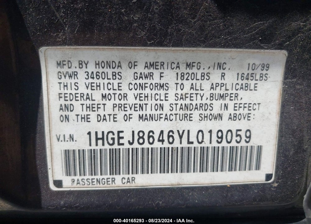 2000 HONDA CIVIC EX VIN: 1HGEJ8646YL019059